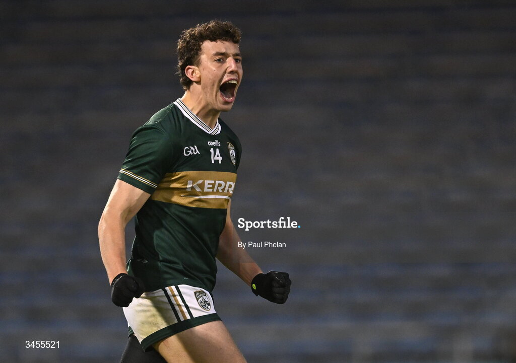 13 May 2026; Tomás Kennedy of Kerry celebrates after scoring his side's third goal during the Dalata Hotel Group GAA Football All-Ireland U20 Championship semi-final match between Kerry and Roscommon at FBD Semple Stadium in Thurles, Tipperary. Photo by Paul Phelan/Sportsfile