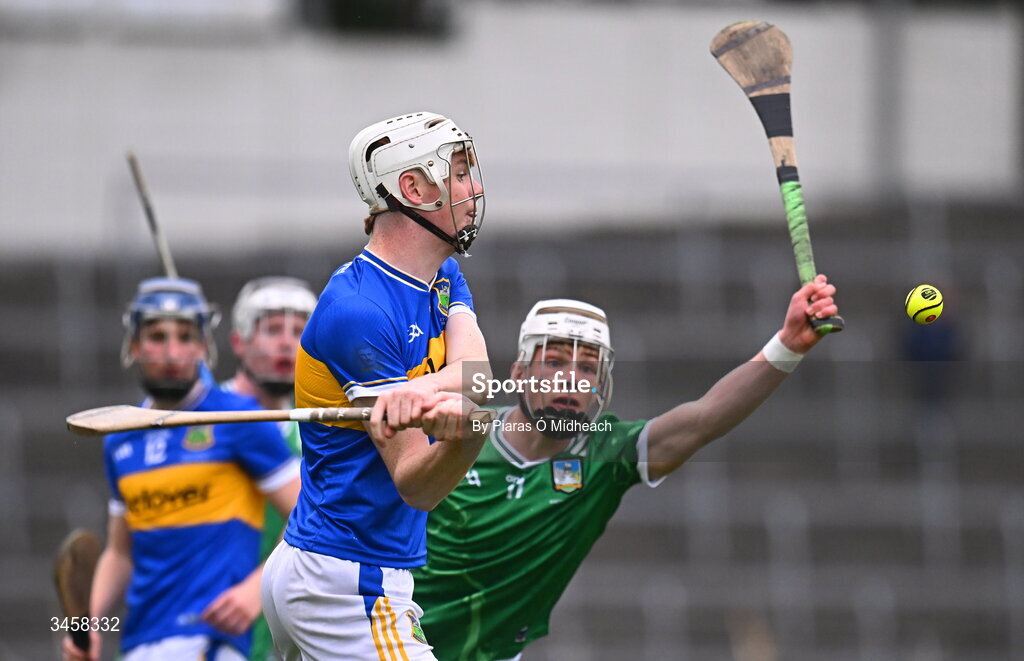 15 May 2026; Oisín Kennedy of Tipperary in action against Ryan Foley of Limerick during the Electric Ireland Munster GAA Minor Hurling Championship final match between Tipperary and Limerick at FBD Semple Stadium in Thurles, Tipperary. Photo by Piaras Ó Mídheach/Sportsfile