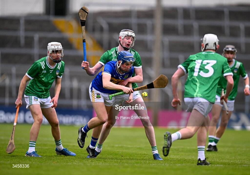 15 May 2026; Éanna Tucker of Tipperary in action against Diarmuid Crowe of Limerick during the Electric Ireland Munster GAA Minor Hurling Championship final match between Tipperary and Limerick at FBD Semple Stadium in Thurles, Tipperary. Photo by Piaras Ó Mídheach/Sportsfile
