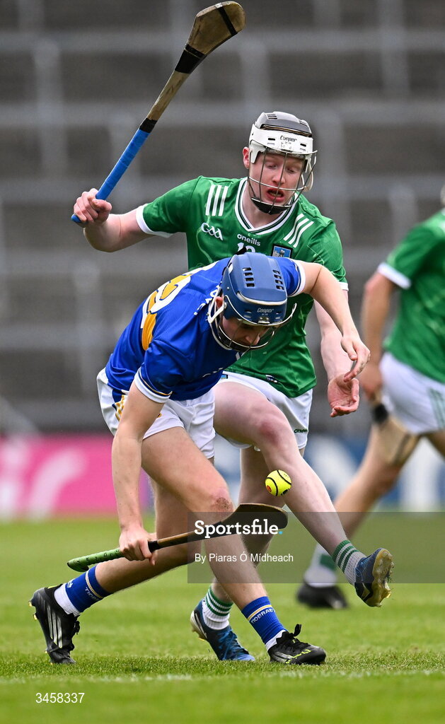 15 May 2026; Éanna Tucker of Tipperary in action against Diarmuid Crowe of Limerick during the Electric Ireland Munster GAA Minor Hurling Championship final match between Tipperary and Limerick at FBD Semple Stadium in Thurles, Tipperary. Photo by Piaras Ó Mídheach/Sportsfile