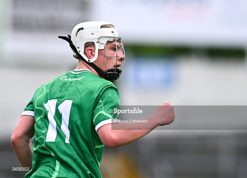 15 May 2026; Ryan Foley of Limerick celebrates scoring a point during the Electric Ireland Munster GAA Minor Hurling Championship final match between Tipperary and Limerick at FBD Semple Stadium in Thurles, Tipperary. Photo by Piaras Ó Mídheach/Sportsfile
