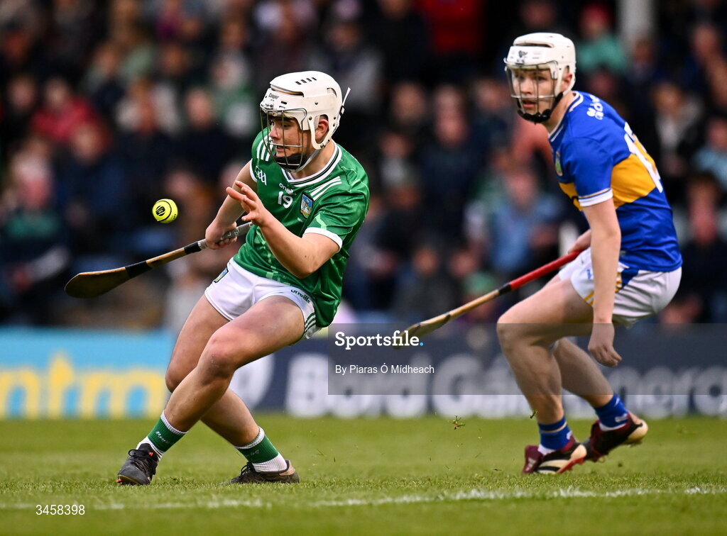 15 May 2026; Jack McCarthy of Limerick in action against Zach O'Keeffe of Tipperary during the Electric Ireland Munster GAA Minor Hurling Championship final match between Tipperary and Limerick at FBD Semple Stadium in Thurles, Tipperary. Photo by Piaras Ó Mídheach/Sportsfile