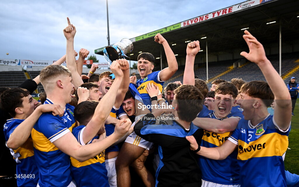 15 May 2026; Tipperary captain Conor Collins is held aloft by team-mates after victory in the Electric Ireland Munster GAA Minor Hurling Championship final match between Tipperary and Limerick at FBD Semple Stadium in Thurles, Tipperary. Photo by Piaras Ó Mídheach/Sportsfile