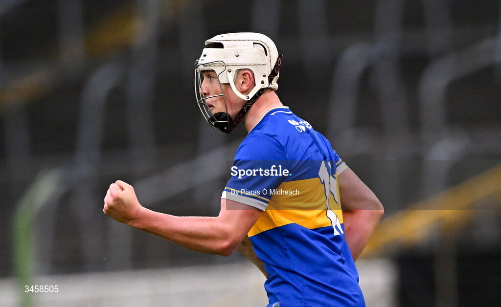 15 May 2026; Conall Morrisson of Tipperary celebrates after scoring his side's third goal during the Electric Ireland Munster GAA Minor Hurling Championship final match between Tipperary and Limerick at FBD Semple Stadium in Thurles, Tipperary. Photo by Piaras Ó Mídheach/Sportsfile