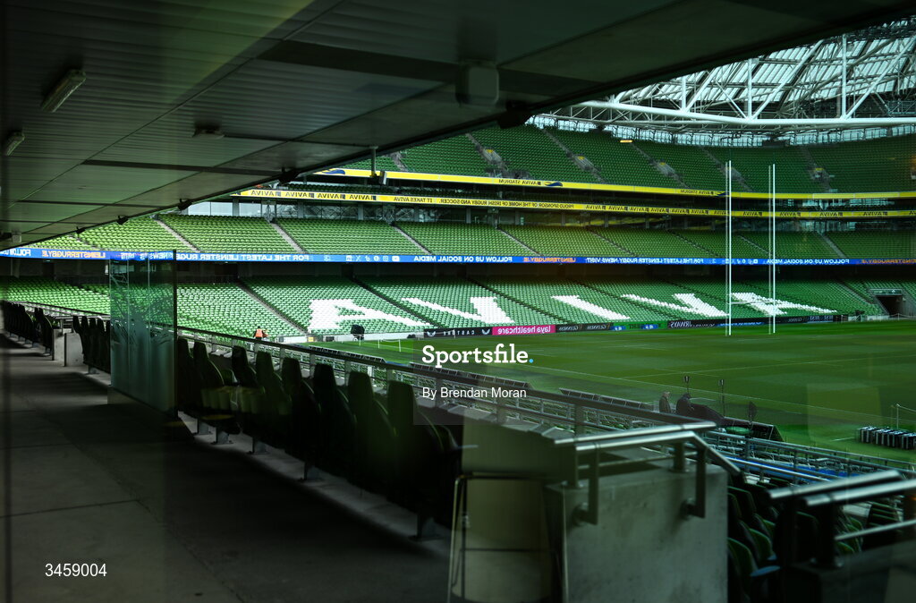 16 May 2026; A general view in the stadium is reflected in a window before the United Rugby Championship match between Leinster and Ospreys at the Aviva Stadium in Dublin. Photo by Brendan Moran/Sportsfile