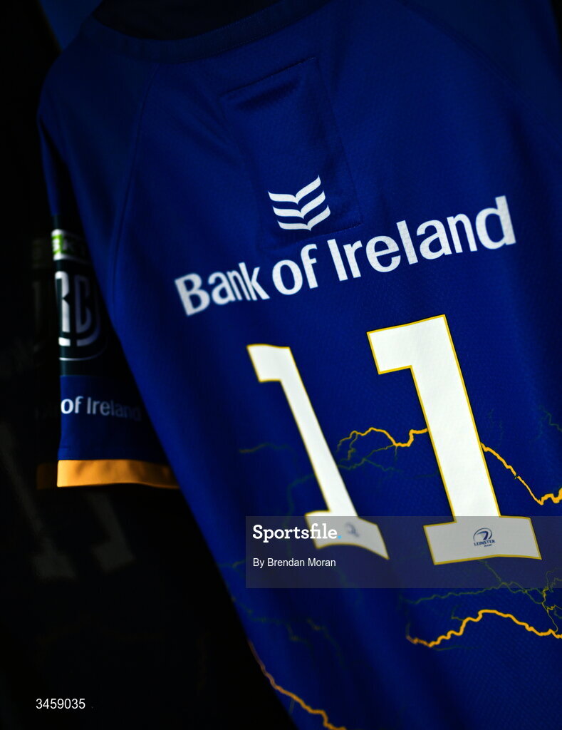 16 May 2026; The jersey of Jordan Larmour in the Leinster dressingroom before the United Rugby Championship match between Leinster and Ospreys at the Aviva Stadium in Dublin. Photo by Brendan Moran/Sportsfile