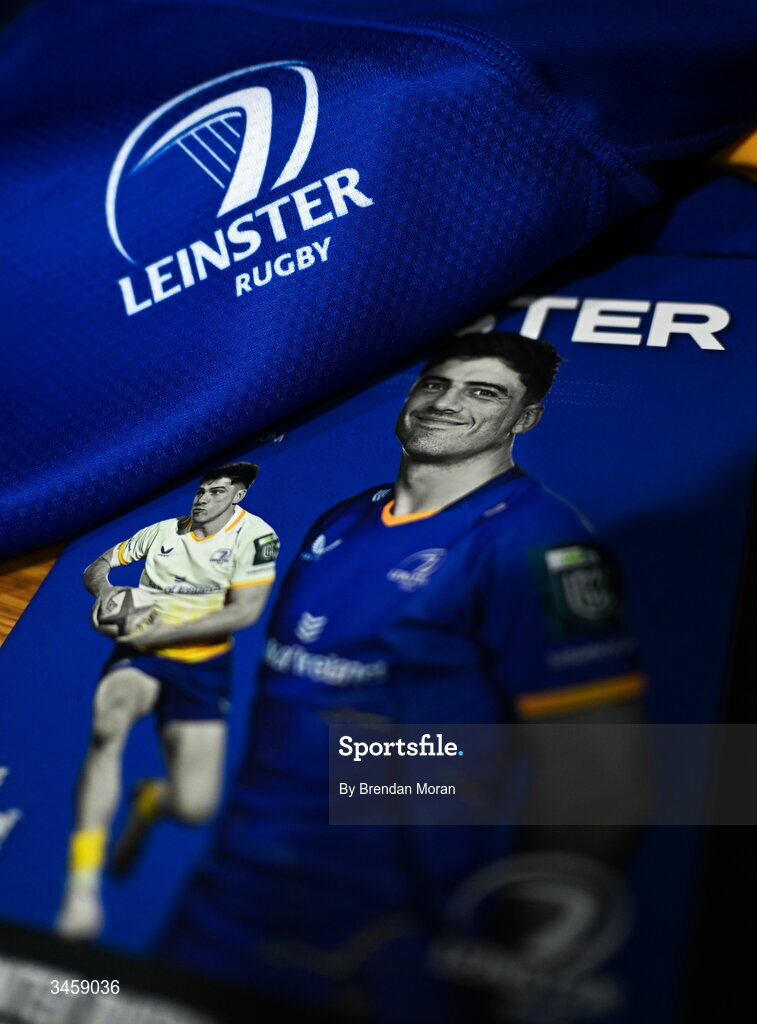 16 May 2026; The jersey of Jimmy O'Brien with the match programme in the Leinster dressingroom before the United Rugby Championship match between Leinster and Ospreys at the Aviva Stadium in Dublin. Photo by Brendan Moran/Sportsfile