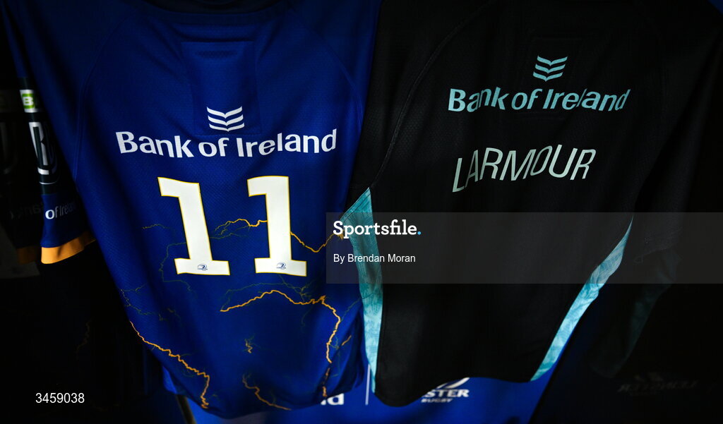 16 May 2026; The jersey of Jordan Larmour in the Leinster dressingroom before the United Rugby Championship match between Leinster and Ospreys at the Aviva Stadium in Dublin. Photo by Brendan Moran/Sportsfile