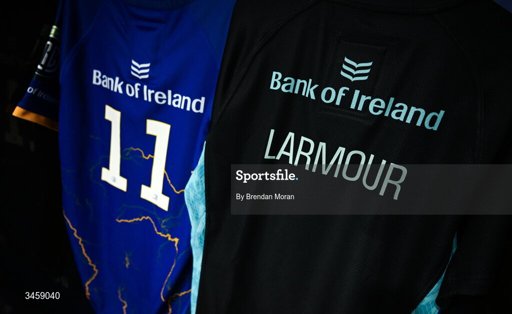 16 May 2026; The jersey of Jordan Larmour in the Leinster dressingroom before the United Rugby Championship match between Leinster and Ospreys at the Aviva Stadium in Dublin. Photo by Brendan Moran/Sportsfile