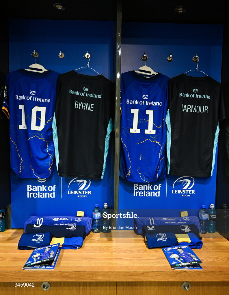 16 May 2026; The kits of Harry Byrne and Jordan Larmour in the Leinster dressingroom before the United Rugby Championship match between Leinster and Ospreys at the Aviva Stadium in Dublin. Photo by Brendan Moran/Sportsfile