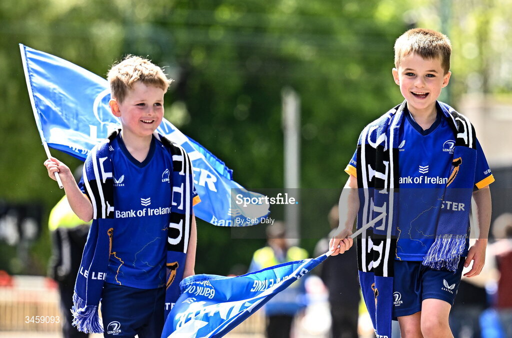16 May 2026; Young Leinster supporters Rory Tyrrell, age five, and Seanie Cullen, age five, from Leopardstown, Dublin, before the United Rugby Championship match between Leinster and Ospreys at the Aviva Stadium in Dublin. Photo by Seb Daly/Sportsfile