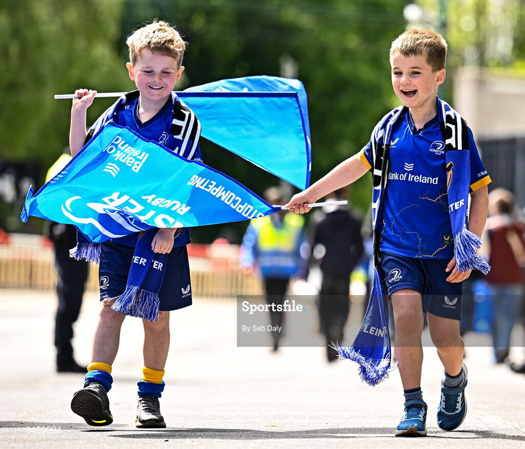 16 May 2026; Young Leinster supporters Rory Tyrrell, age five, and Seanie Cullen, age five, from Leopardstown, Dublin, before the United Rugby Championship match between Leinster and Ospreys at the Aviva Stadium in Dublin. Photo by Seb Daly/Sportsfile