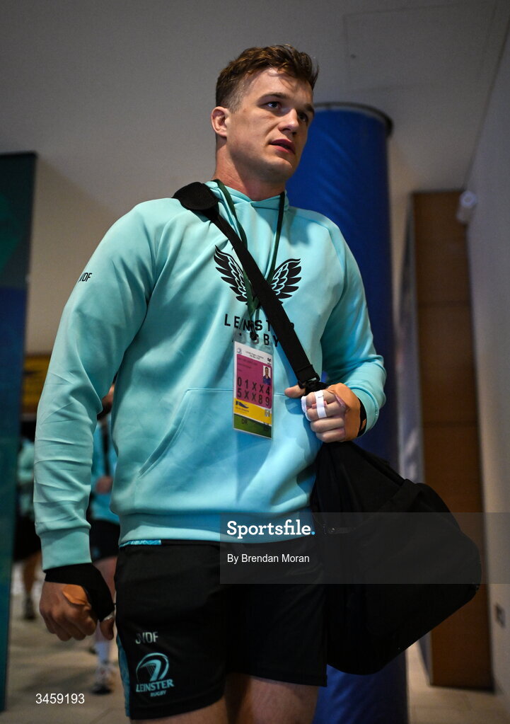 16 May 2026; Josh van der Flier of Leinster arrives before the United Rugby Championship match between Leinster and Ospreys at the Aviva Stadium in Dublin. Photo by Brendan Moran/Sportsfile