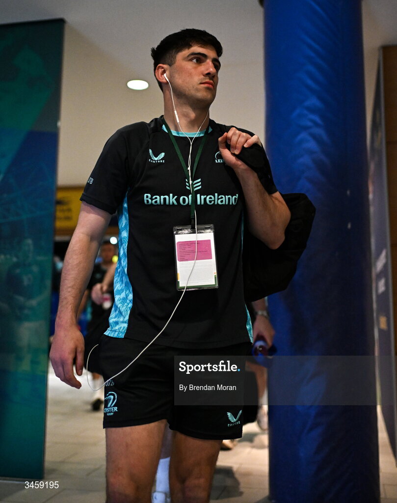 16 May 2026; Jimmy O'Brien of Leinster arrives before the United Rugby Championship match between Leinster and Ospreys at the Aviva Stadium in Dublin. Photo by Brendan Moran/Sportsfile