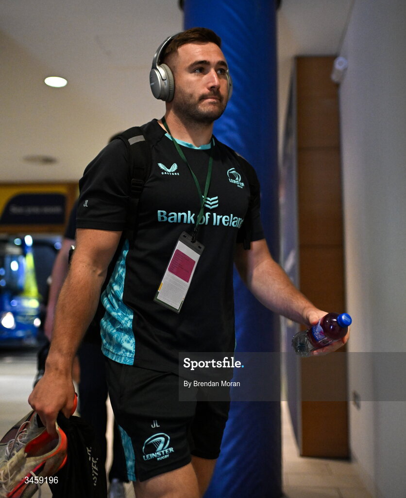16 May 2026; Jordan Larmour of Leinster arrives before the United Rugby Championship match between Leinster and Ospreys at the Aviva Stadium in Dublin. Photo by Brendan Moran/Sportsfile
