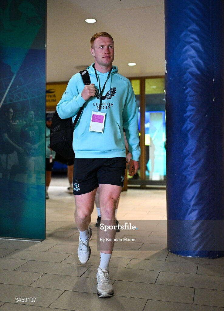 16 May 2026; Ciarán Frawley of Leinster arrives before the United Rugby Championship match between Leinster and Ospreys at the Aviva Stadium in Dublin. Photo by Brendan Moran/Sportsfile