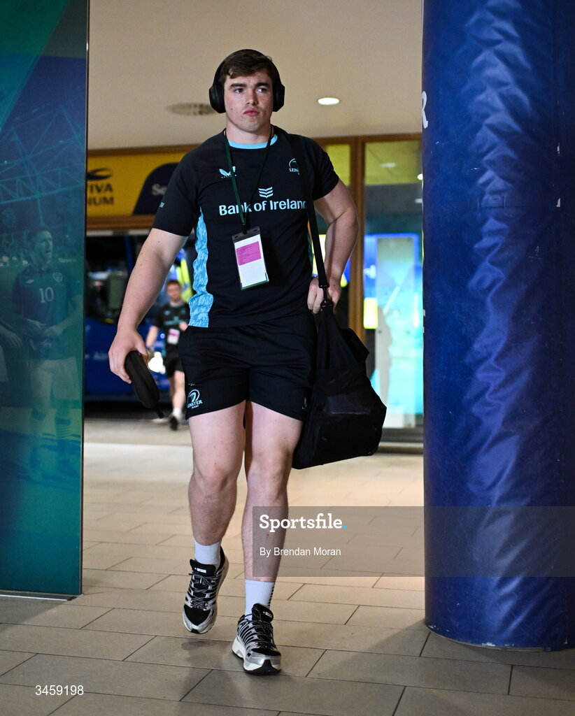 16 May 2026; Diarmuid Mangan of Leinster arrives before the United Rugby Championship match between Leinster and Ospreys at the Aviva Stadium in Dublin. Photo by Brendan Moran/Sportsfile
