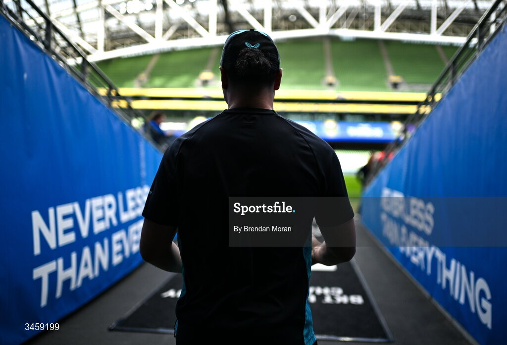 16 May 2026; James Lowe of Leinster walks the pitch before the United Rugby Championship match between Leinster and Ospreys at the Aviva Stadium in Dublin. Photo by Brendan Moran/Sportsfile