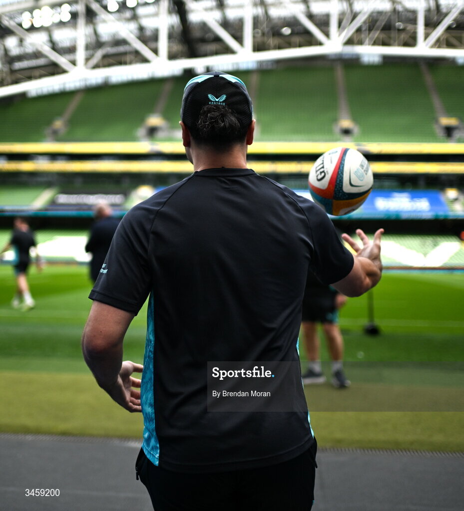 16 May 2026; James Lowe of Leinster walks the pitch before the United Rugby Championship match between Leinster and Ospreys at the Aviva Stadium in Dublin. Photo by Brendan Moran/Sportsfile