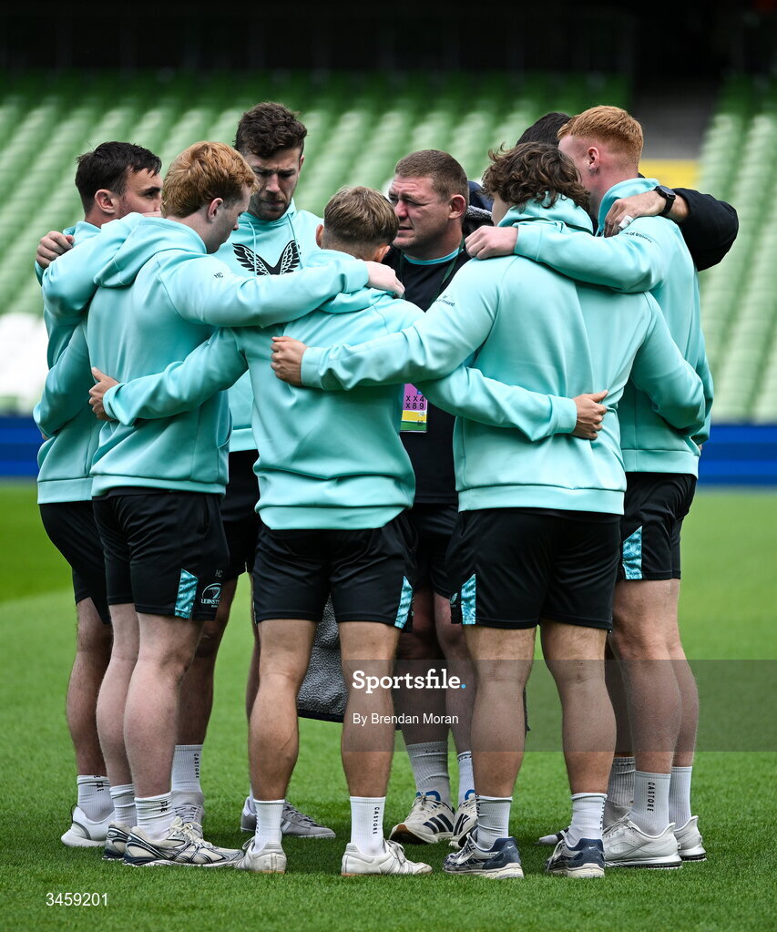 16 May 2026; Leinster forwards huddle before the United Rugby Championship match between Leinster and Ospreys at the Aviva Stadium in Dublin. Photo by Brendan Moran/Sportsfile