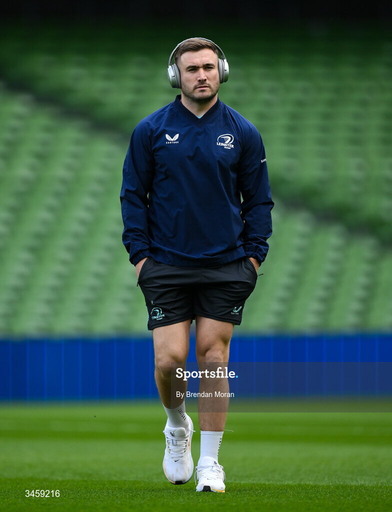 16 May 2026; Jordan Larmour of Leinster walks the pitch before the United Rugby Championship match between Leinster and Ospreys at the Aviva Stadium in Dublin. Photo by Brendan Moran/Sportsfile