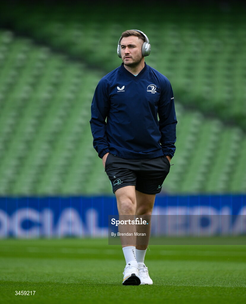 16 May 2026; Jordan Larmour of Leinster walks the pitch before the United Rugby Championship match between Leinster and Ospreys at the Aviva Stadium in Dublin. Photo by Brendan Moran/Sportsfile