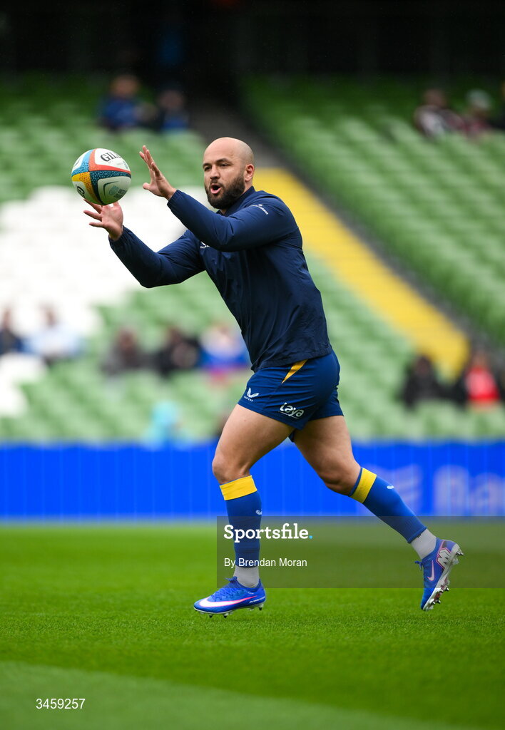 16 May 2026; Jamison Gibson-Park of Leinster warms up before the United Rugby Championship match between Leinster and Ospreys at the Aviva Stadium in Dublin. Photo by Brendan Moran/Sportsfile
