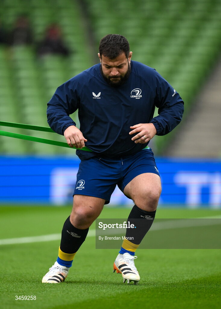 16 May 2026; Rabah Slimani of Leinster warms up before the United Rugby Championship match between Leinster and Ospreys at the Aviva Stadium in Dublin. Photo by Brendan Moran/Sportsfile