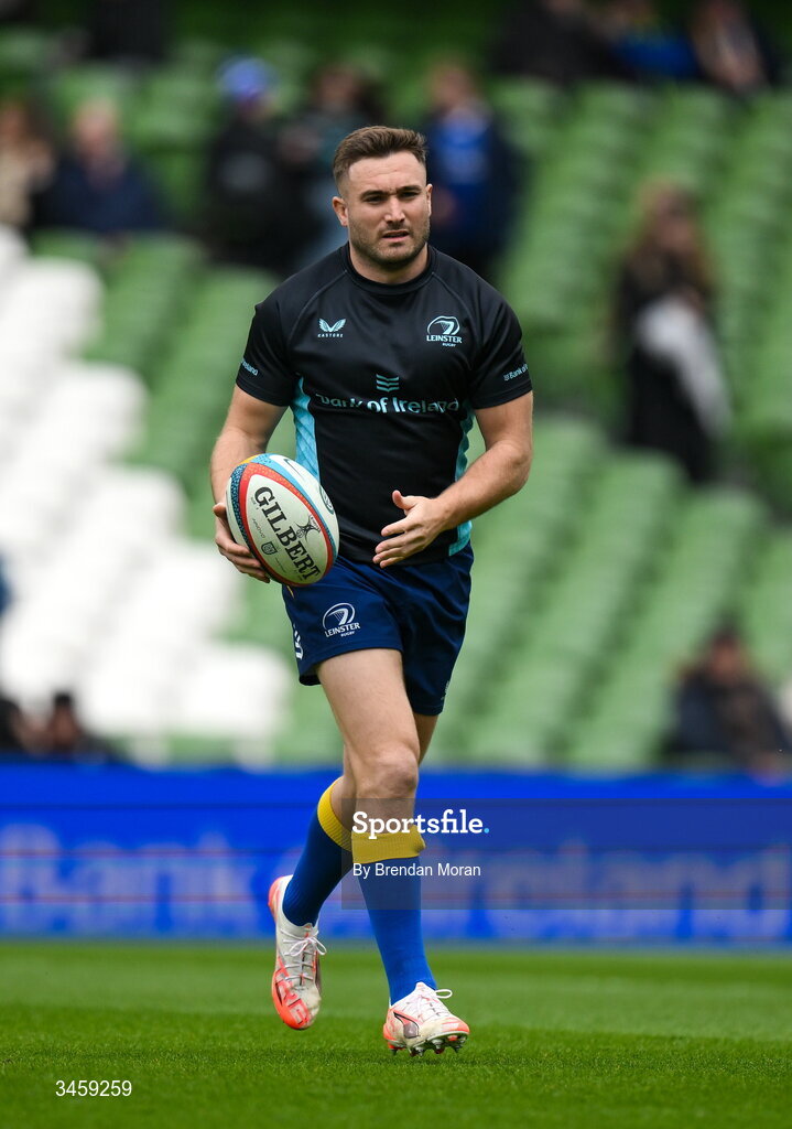 16 May 2026; Jordan Larmour of Leinster warms up before the United Rugby Championship match between Leinster and Ospreys at the Aviva Stadium in Dublin. Photo by Brendan Moran/Sportsfile