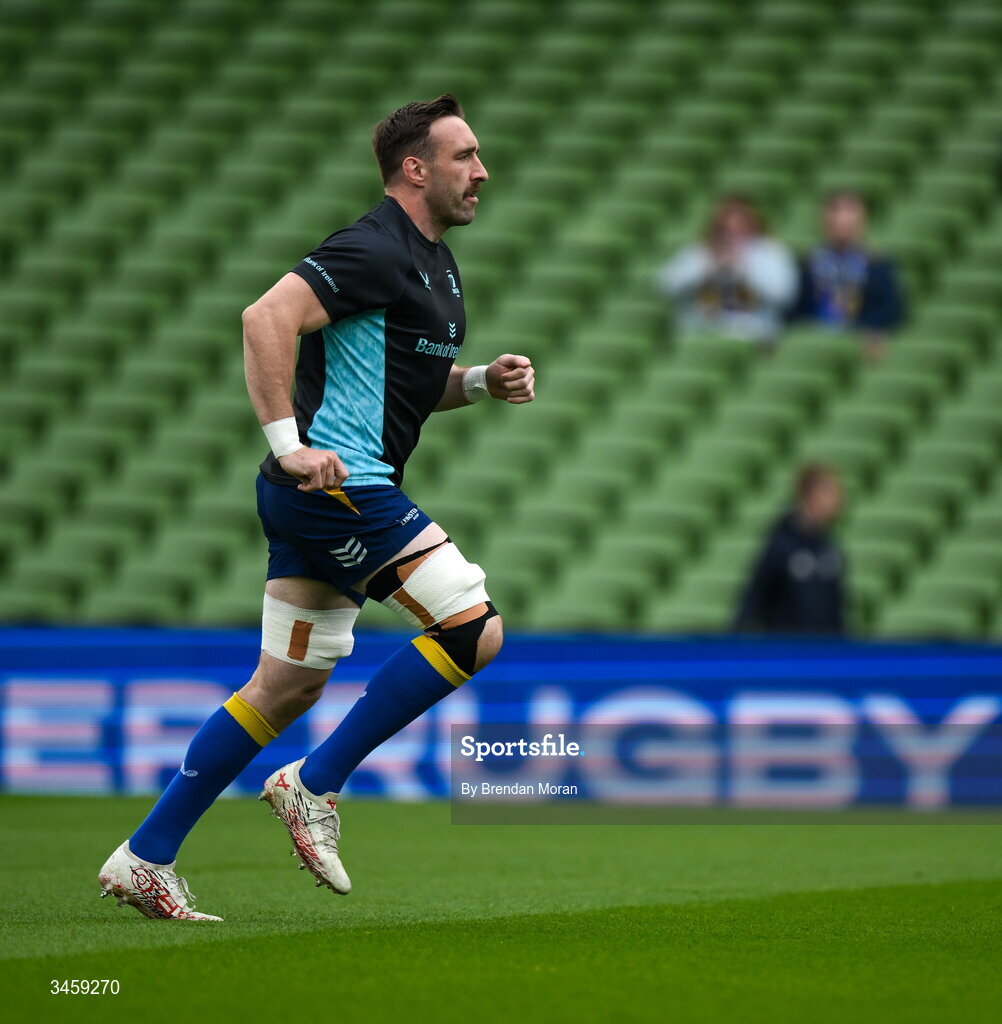 16 May 2026; Jack Conan of Leinster warms up before the United Rugby Championship match between Leinster and Ospreys at the Aviva Stadium in Dublin. Photo by Brendan Moran/Sportsfile