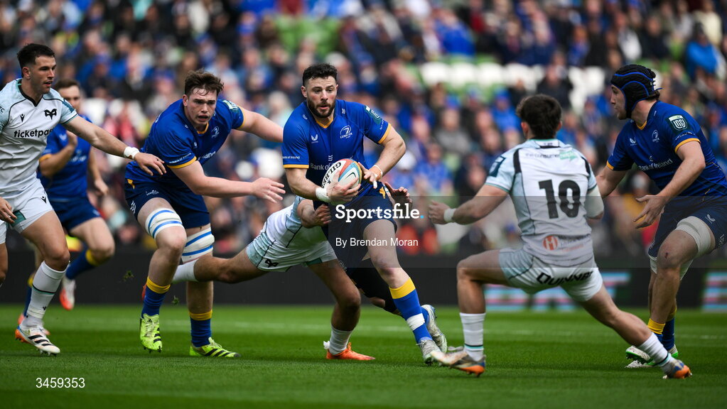 16 May 2026; Robbie Henshaw of Leinster is tackled by Evardi Boshoff of Ospreys during the United Rugby Championship match between Leinster and Ospreys at the Aviva Stadium in Dublin. Photo by Brendan Moran/Sportsfile