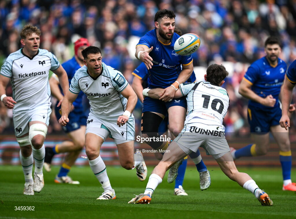 16 May 2026; Robbie Henshaw of Leinster offloads as he is tackled by Dan Edwards of Ospreys during the United Rugby Championship match between Leinster and Ospreys at the Aviva Stadium in Dublin. Photo by Brendan Moran/Sportsfile