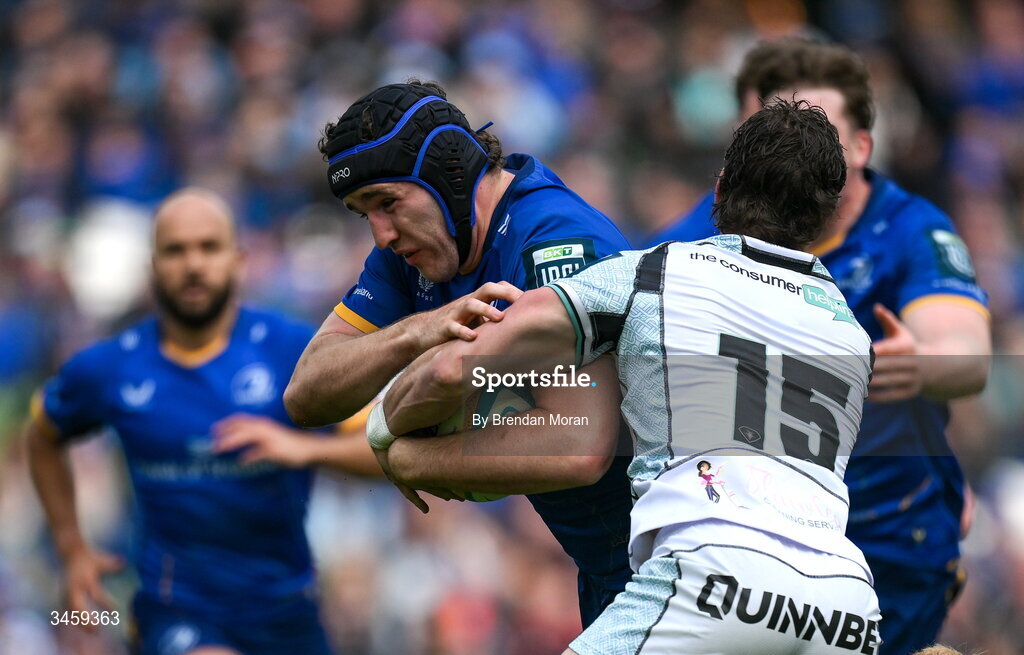 16 May 2026; James Culhane of Leinster is tackled by Jack Walsh of Ospreys during the United Rugby Championship match between Leinster and Ospreys at the Aviva Stadium in Dublin. Photo by Brendan Moran/Sportsfile