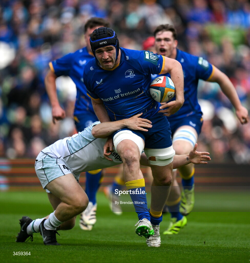 16 May 2026; James Culhane of Leinster is tackled by Iestyn Hopkins of Ospreys during the United Rugby Championship match between Leinster and Ospreys at the Aviva Stadium in Dublin. Photo by Brendan Moran/Sportsfile