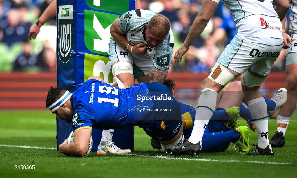 16 May 2026; Max Deegan of Leinster scores his side's second try during the United Rugby Championship match between Leinster and Ospreys at the Aviva Stadium in Dublin. Photo by Brendan Moran/Sportsfile