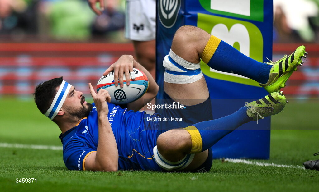 16 May 2026; Max Deegan of Leinster celebrates after scoring his side's second try during the United Rugby Championship match between Leinster and Ospreys at the Aviva Stadium in Dublin. Photo by Brendan Moran/Sportsfile