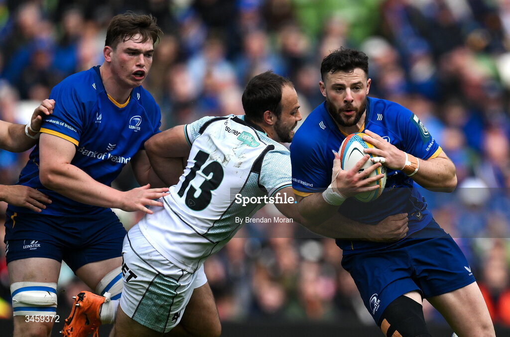 16 May 2026; Robbie Henshaw of Leinster is tackled by Evardi Boshoff of Ospreys during the United Rugby Championship match between Leinster and Ospreys at the Aviva Stadium in Dublin. Photo by Brendan Moran/Sportsfile