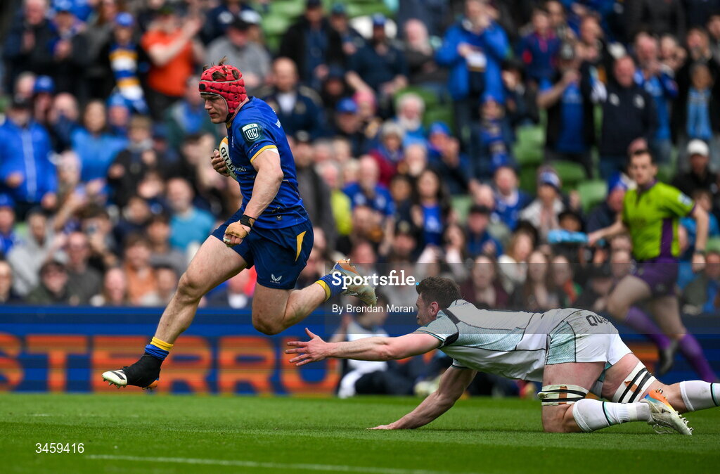 16 May 2026; Josh van der Flier of Leinster beats the tackle of James Ratti of Ospreys on the way to scoring his side's third try during the United Rugby Championship match between Leinster and Ospreys at the Aviva Stadium in Dublin. Photo by Brendan Moran/Sportsfile