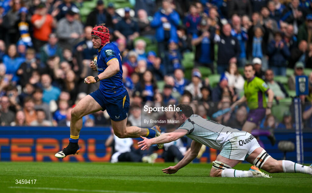 16 May 2026; Josh van der Flier of Leinster beats the tackle of James Ratti of Ospreys on the way to scoring his side's third try during the United Rugby Championship match between Leinster and Ospreys at the Aviva Stadium in Dublin. Photo by Brendan Moran/Sportsfile