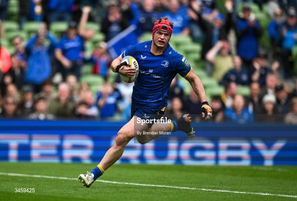 16 May 2026; Josh van der Flier of Leinster scores his side's third try during the United Rugby Championship match between Leinster and Ospreys at the Aviva Stadium in Dublin. Photo by Brendan Moran/Sportsfile
