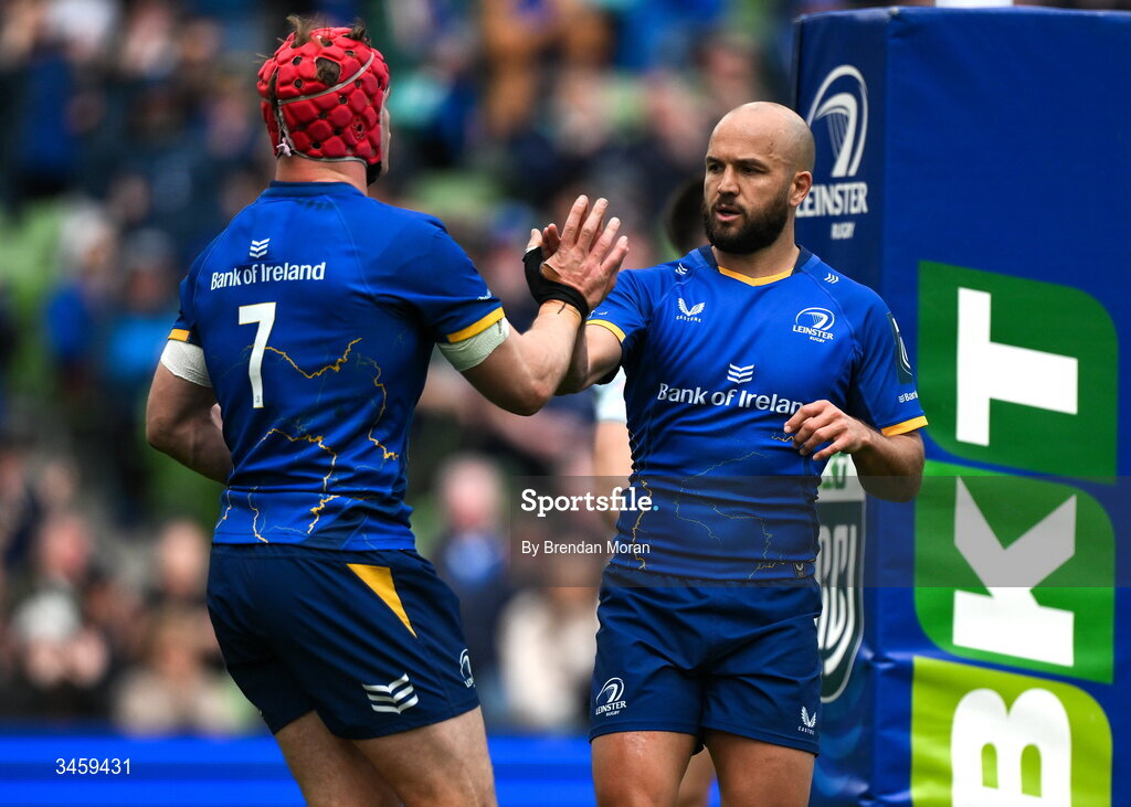 16 May 2026; Josh van der Flier of Leinster, left, celebrates with teammate Jamison Gibson-Park after scorin their side's third try during the United Rugby Championship match between Leinster and Ospreys at the Aviva Stadium in Dublin. Photo by Brendan Moran/Sportsfile