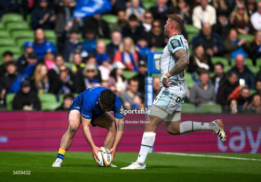 16 May 2026; Jimmy O'Brien of Leinster scores his side's fourth try during the United Rugby Championship match between Leinster and Ospreys at the Aviva Stadium in Dublin. Photo by Brendan Moran/Sportsfile