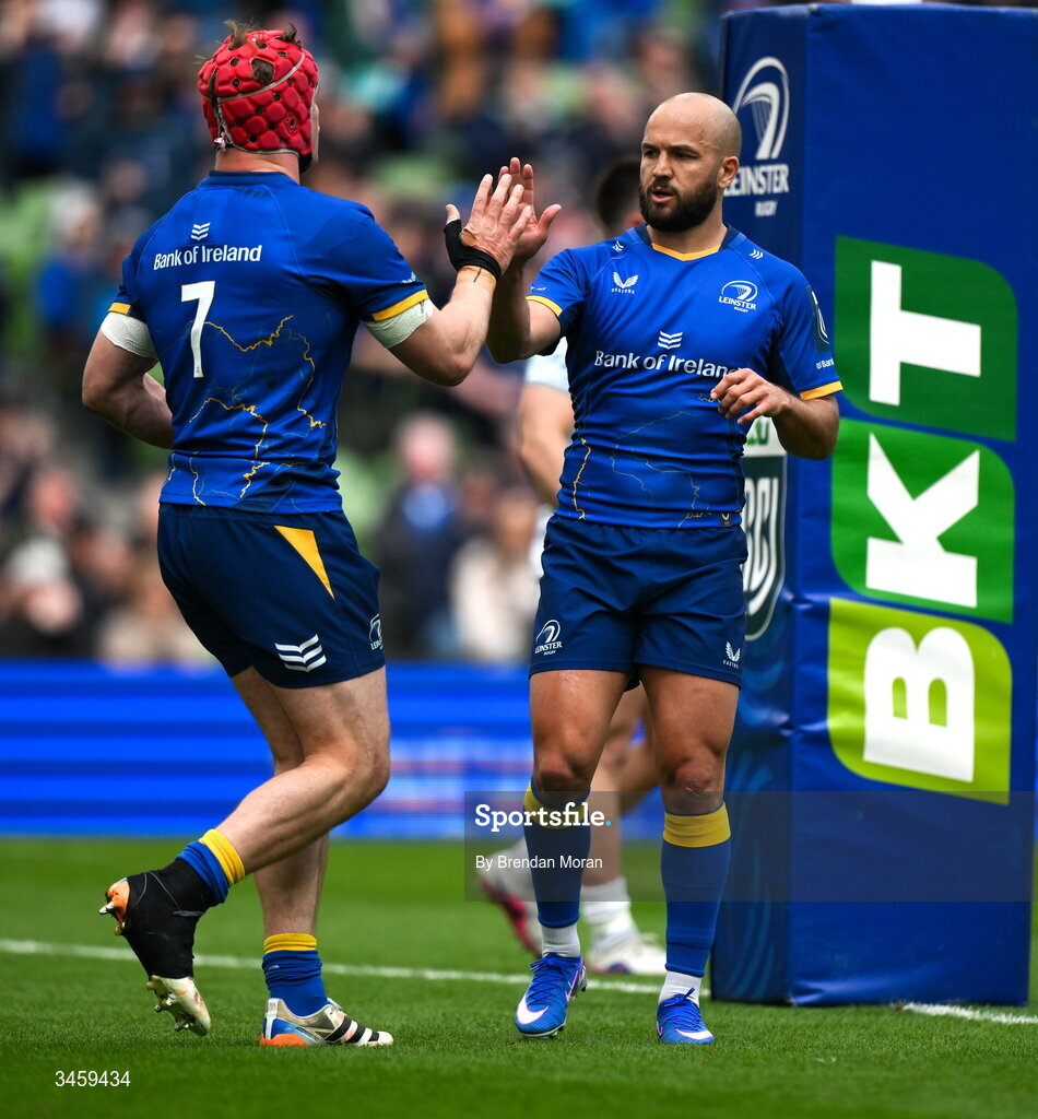 16 May 2026; Josh van der Flier of Leinster, left, celebrates with teammate Jamison Gibson-Park after scorin their side's third try during the United Rugby Championship match between Leinster and Ospreys at the Aviva Stadium in Dublin. Photo by Brendan Moran/Sportsfile