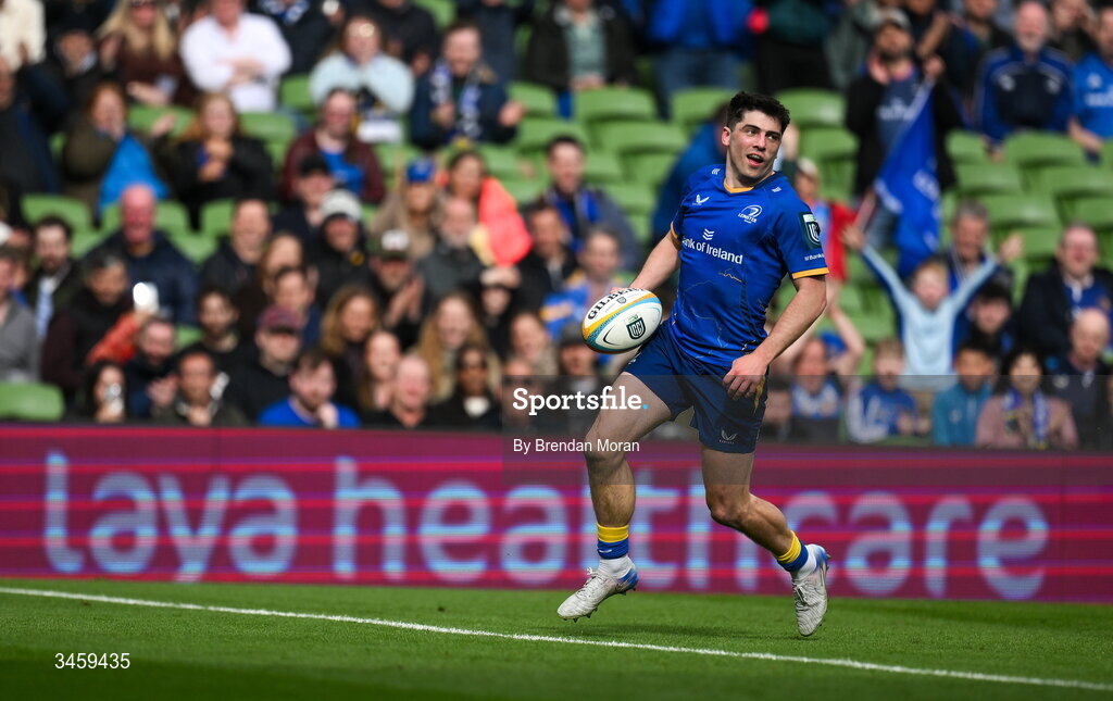 16 May 2026; Jimmy O'Brien of Leinster runs in to score his side's fourth try during the United Rugby Championship match between Leinster and Ospreys at the Aviva Stadium in Dublin. Photo by Brendan Moran/Sportsfile
