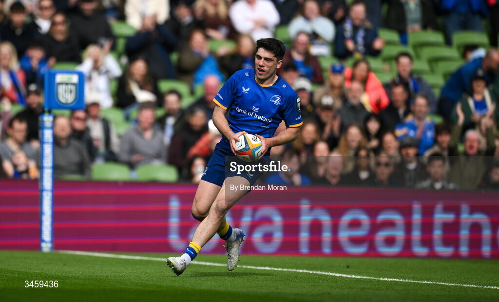 16 May 2026; Jimmy O'Brien of Leinster runs in to score his side's fourth try during the United Rugby Championship match between Leinster and Ospreys at the Aviva Stadium in Dublin. Photo by Brendan Moran/Sportsfile