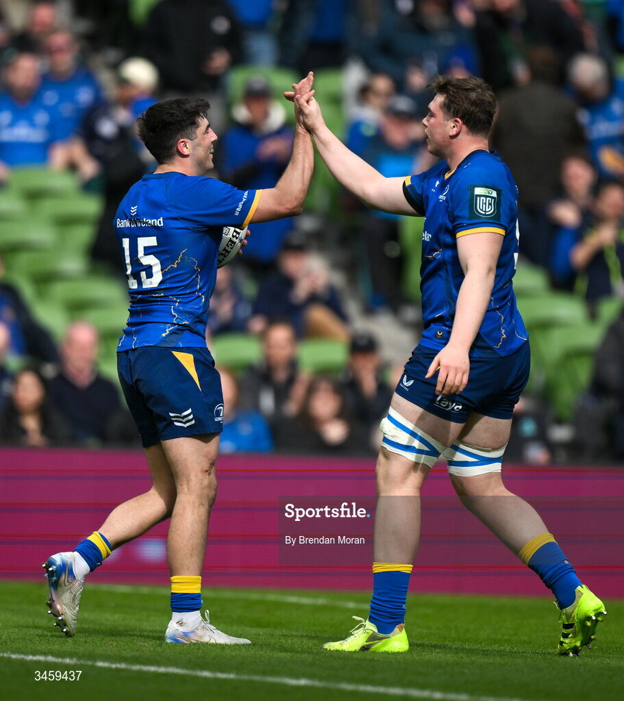 16 May 2026; Jimmy O'Brien of Leinster, left, celebrates with teammate Diarmuid Mangan after scoring their side's fourth try during the United Rugby Championship match between Leinster and Ospreys at the Aviva Stadium in Dublin. Photo by Brendan Moran/Sportsfile