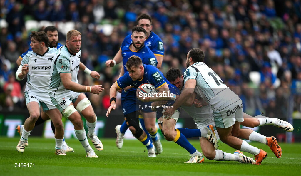 16 May 2026; Garry Ringrose of Leinster is tackled by Owen Watkin and Evardi Boshoff of Ospreys during the United Rugby Championship match between Leinster and Ospreys at the Aviva Stadium in Dublin. Photo by Brendan Moran/Sportsfile
