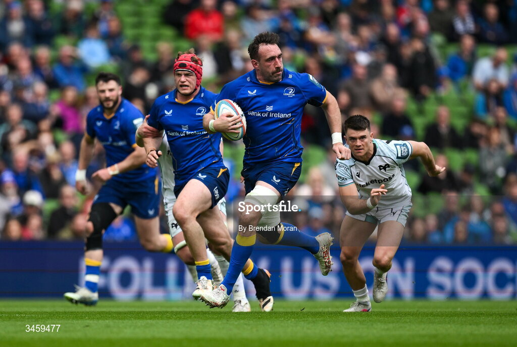 16 May 2026; Jack Conan of Leinster makes a break during the United Rugby Championship match between Leinster and Ospreys at the Aviva Stadium in Dublin. Photo by Brendan Moran/Sportsfile