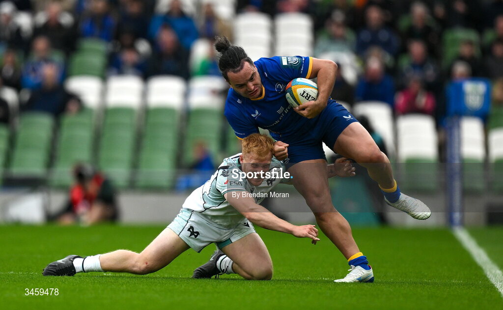 16 May 2026; James Lowe of Leinster is tackled by Iestyn Hopkins of Ospreys during the United Rugby Championship match between Leinster and Ospreys at the Aviva Stadium in Dublin. Photo by Brendan Moran/Sportsfile