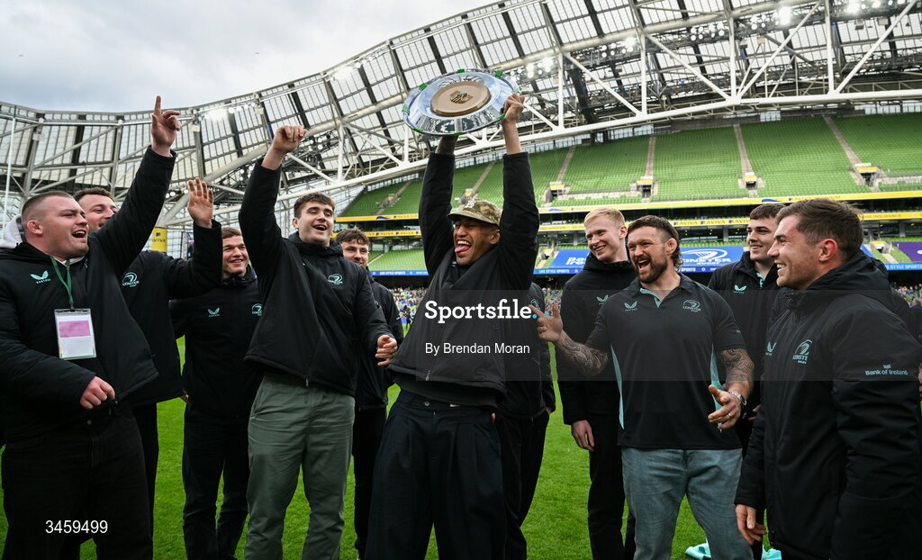 16 May 2026; Rieko Ioane of Leinster and his teammates lift the URC Irish shield at half-time in the United Rugby Championship match between Leinster and Ospreys at the Aviva Stadium in Dublin. Photo by Brendan Moran/Sportsfile